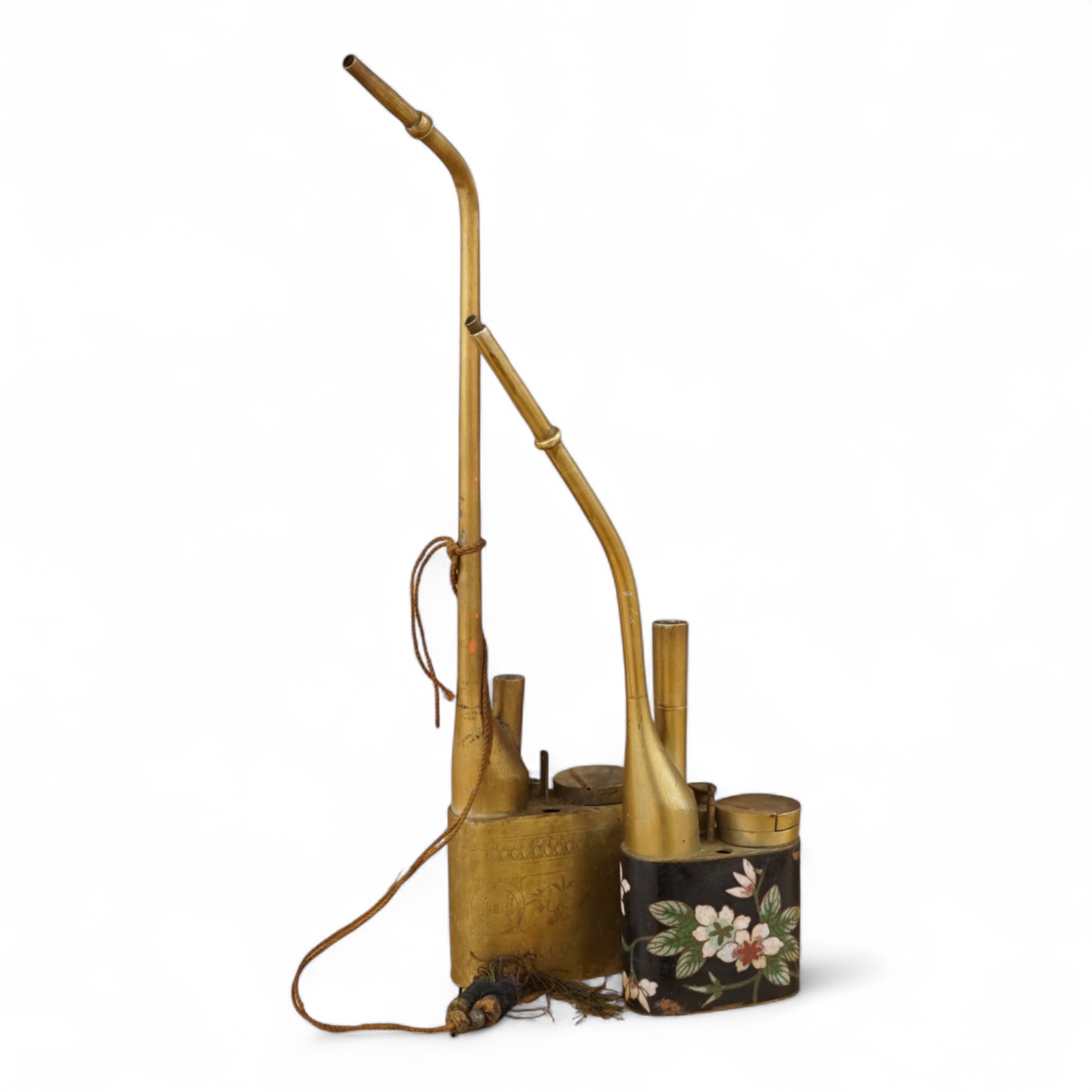 A Chinese cloisonné enamel and brass water pipe and an engraved example, largest 36cm high